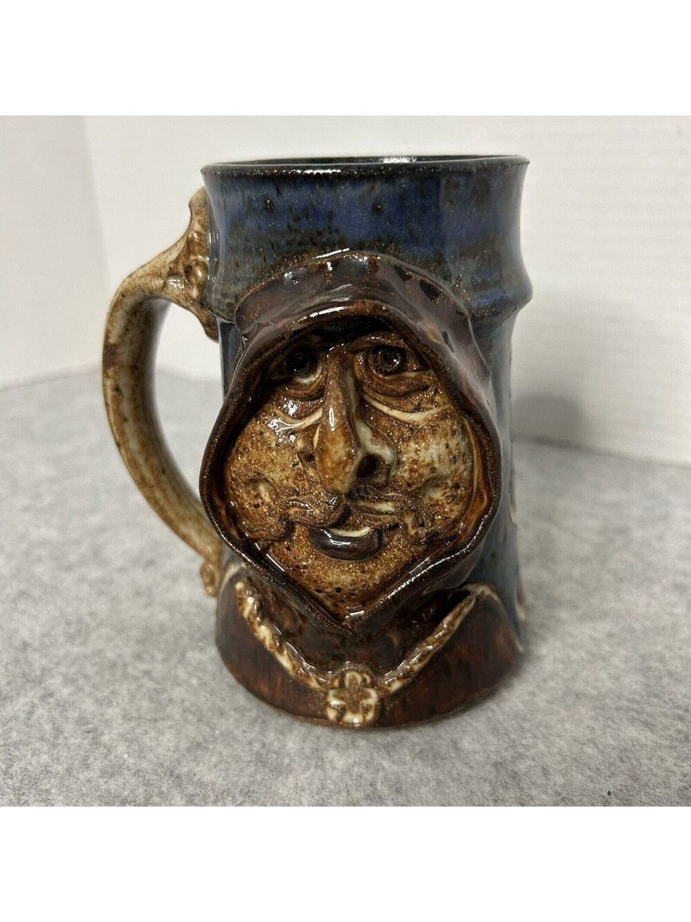 VTG Drip Glaze Brown Blue Moustached Man 3D Pottery Mug 4x5.5"